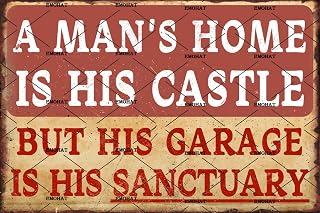 EMOHAT Funny Vintage Metal Sign A man's Home Is His Castle But His Garage Is His Sanctuary Wall Decor Metal Sign for Garage Man Cave