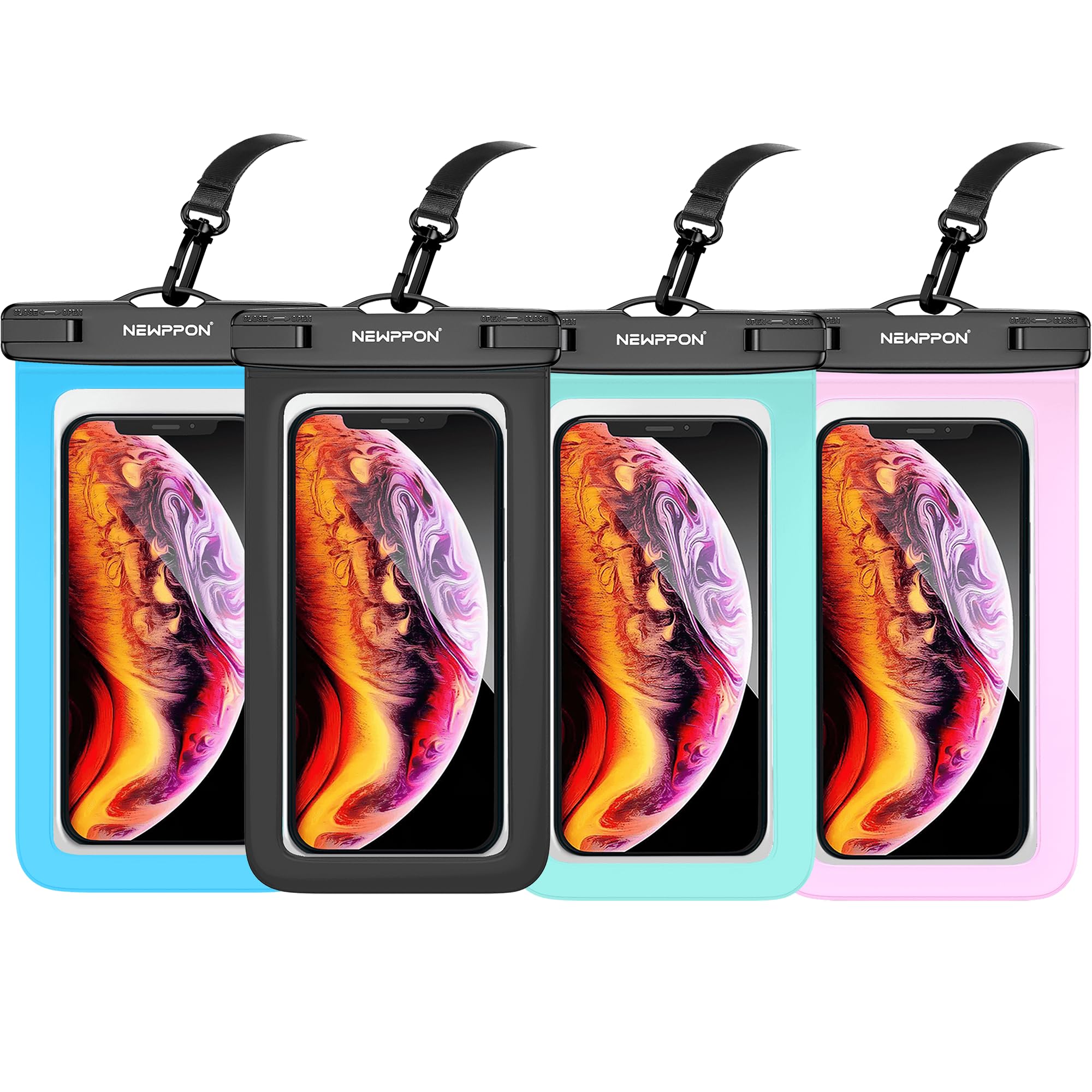 Newppon 4 Pack 8.5“ Waterproof Cell Phone Pouch - Underwater Dry Bag Case Lanyar