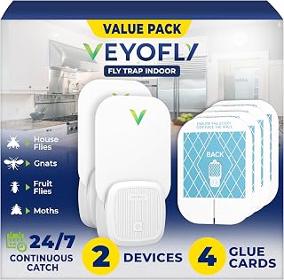 VEYOFLY Fruit Fly Traps Indoor Plug-in UV, Gnat Trap, 2 Device + 4 Refills | UV light attracts insects to glue cards, silent 24/7, plug-in setup, replaceable cards, indoor use, no zapper
