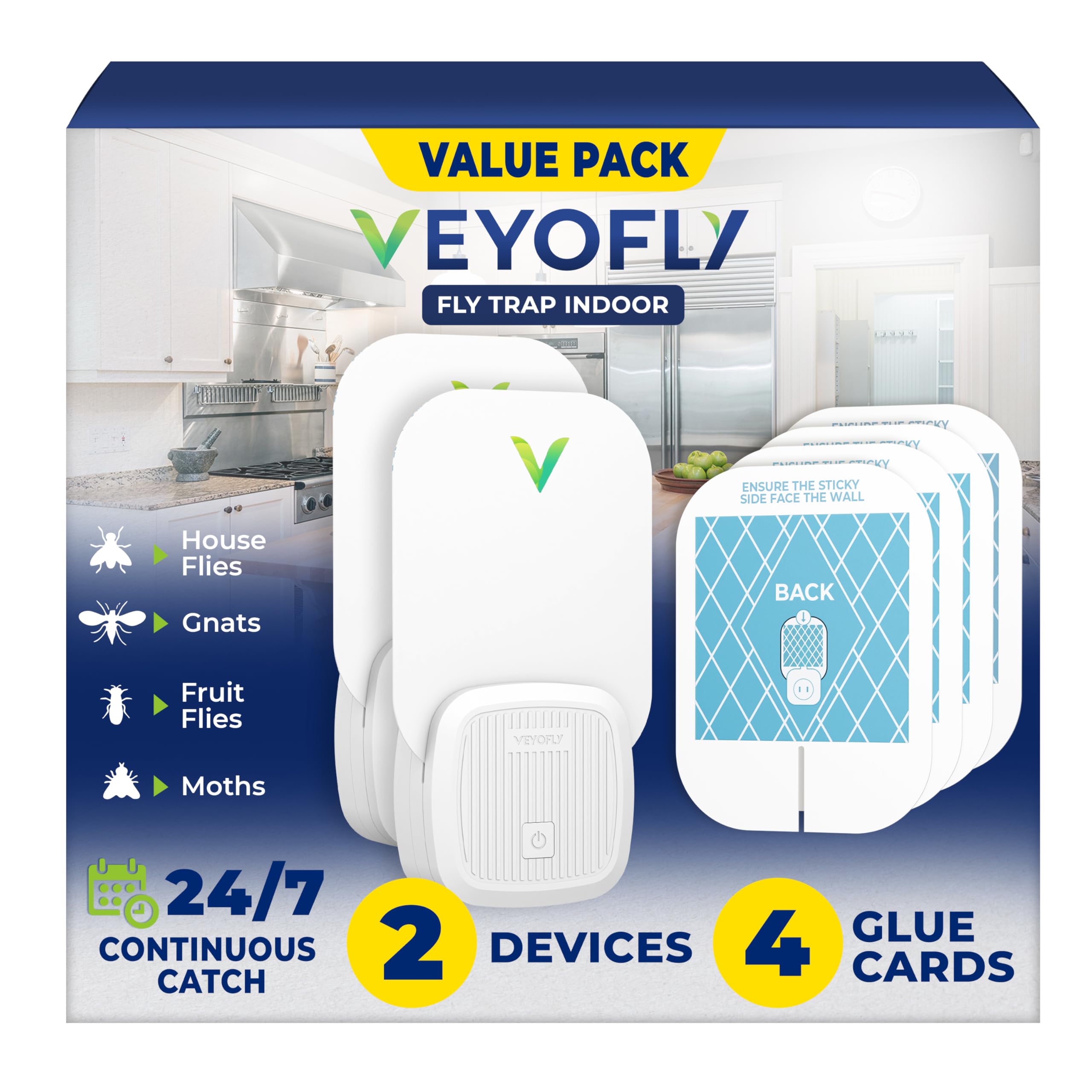 VEYOFLY Fruit Fly Traps Indoor Plug-in UV, Gnat Trap, 2 Device + 4 Refills | UV 