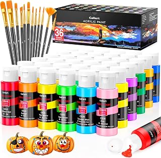 Caliart Acrylic Paint Set of 36 Colors with 12 Brushes | Craft Painting Kit for Artists Kids Adults, Rich Pigment Non-toxic, Canvas Wood Rock Ceramic Halloween Pumpkin Art Supplies
