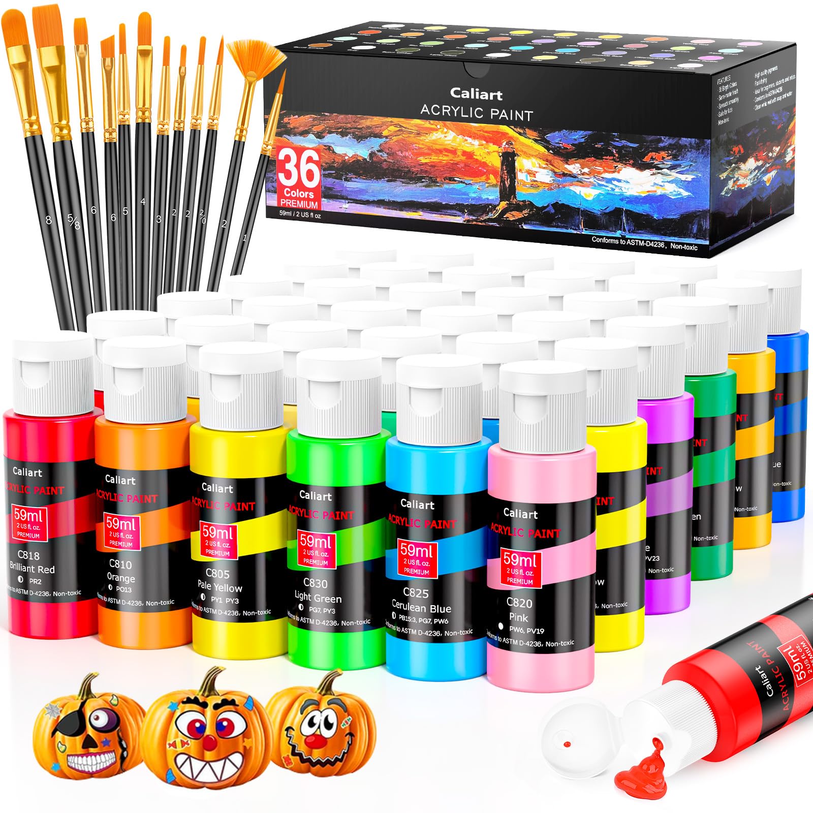 Caliart Acrylic Paint Set of 36 Colors with 12 Brushes | Craft Painting Kit for 