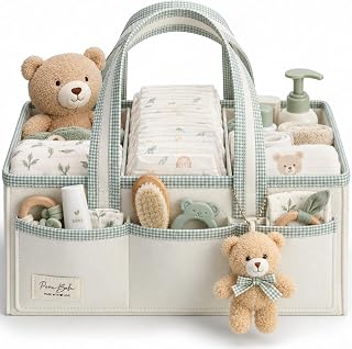 PeraBella XL Diaper Caddy Organizer With Handle, Baby Shower Gifts Basket Bag, Registry Search Must Haves Items, Newborn Girl Boy Nursery Storage Organizer, Baby Bag Essentials, Car Diaper Caddy Cart