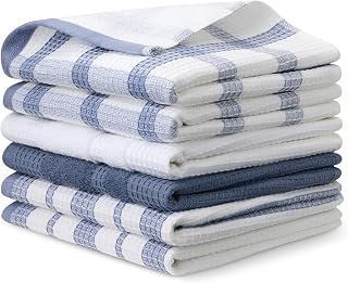 Amazon Basics Organic Cotton Waffle Kitchen Dish Towels - Ultra Absorbent, Quick Drying, Lint-Free, 15 x 25 inches, 6-Pack (4 Navy Strip/Checker, 1 White, 1 Solid Navy)