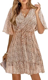 KIRUNDO Womens Summer Dresses 2026 Casual Spring Short Sleeve V Neck Ruffle Floral Print High Waist Belted Flowy Mini Dress