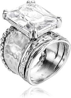 JEAN RACHEL JEWELRY 925 Sterling Silver Ring - Hammered Vintage Design with Octagon Shaped Cubic Zirconia - Hypoallergenic, Lead & Nickel Free - Artisan Handcrafted Statement Rings for Women