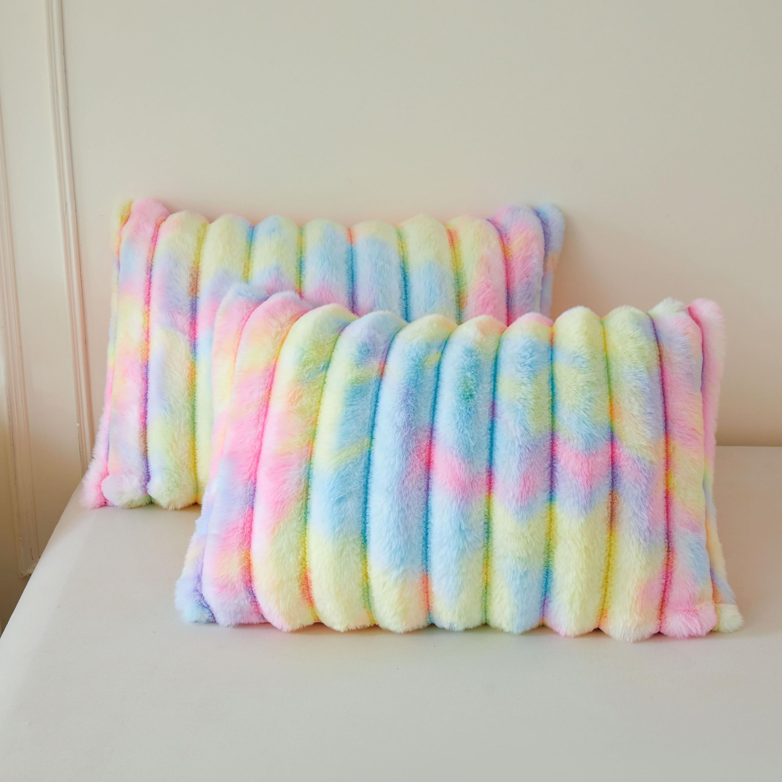 MEGO 2 Pack Fluffy Faux Rabbit Fur Ribbed Standard Pillow Cases, Rainbow
