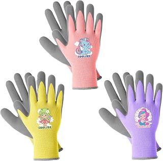 COOLJOB 3 Pairs Kids Gardening Gloves, Rubber Coated Palm, Age 3-5, Size S | For Girls, Grippy Palm, Purple Pink Yellow, Flexible for Outdoor Gardening Work