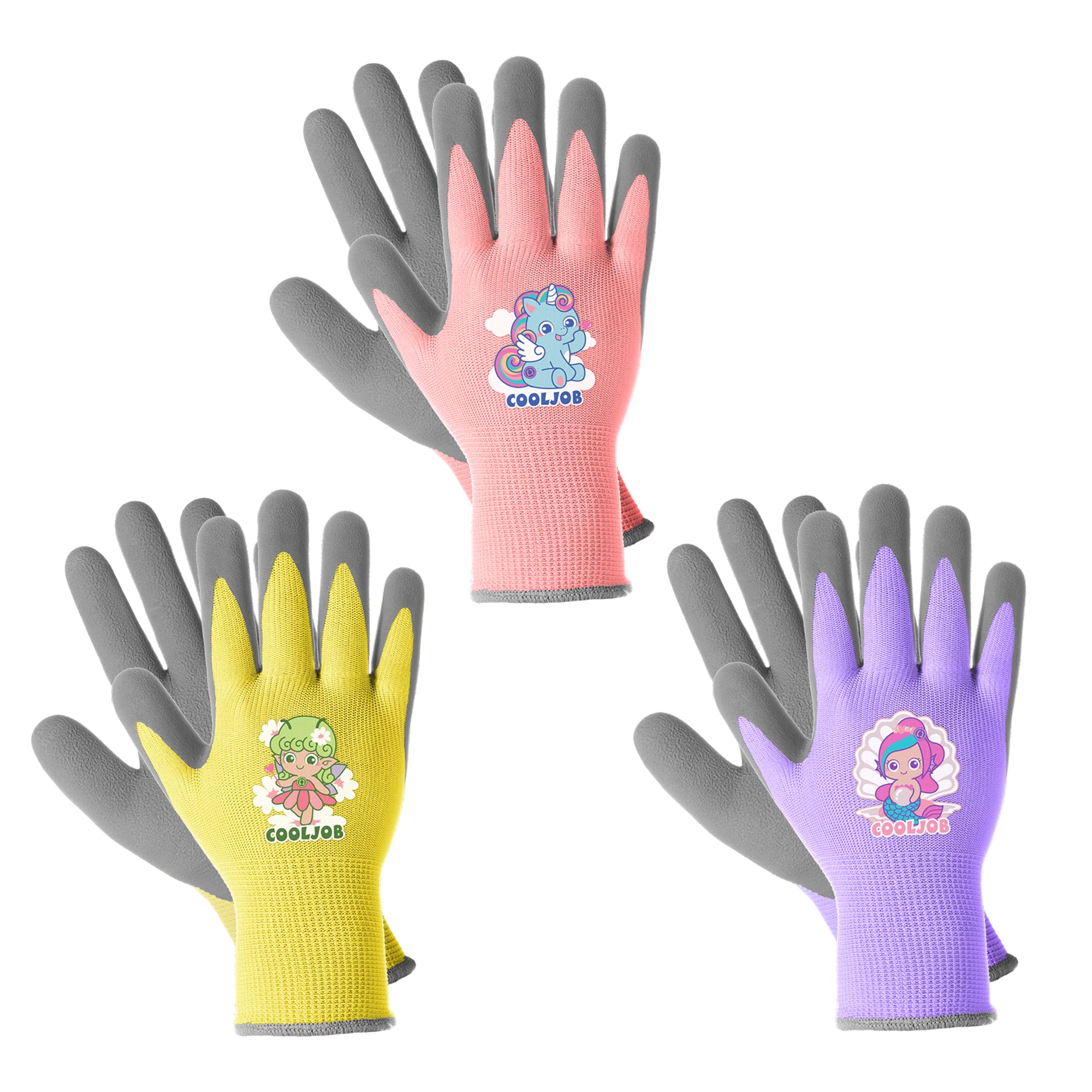 COOLJOB 3 Pairs Kids Gardening Gloves, Rubber Coated Palm, Age 3-5, Size S | For