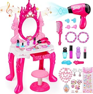 Easface Kids Vanity for Girls, Toddler Makeup Vanity Table and Chair Set Set Toys with Music Light, Pretend Play Princess Dress Up Playset Gift for Toddler Girls 3 4 5 6 Years Old