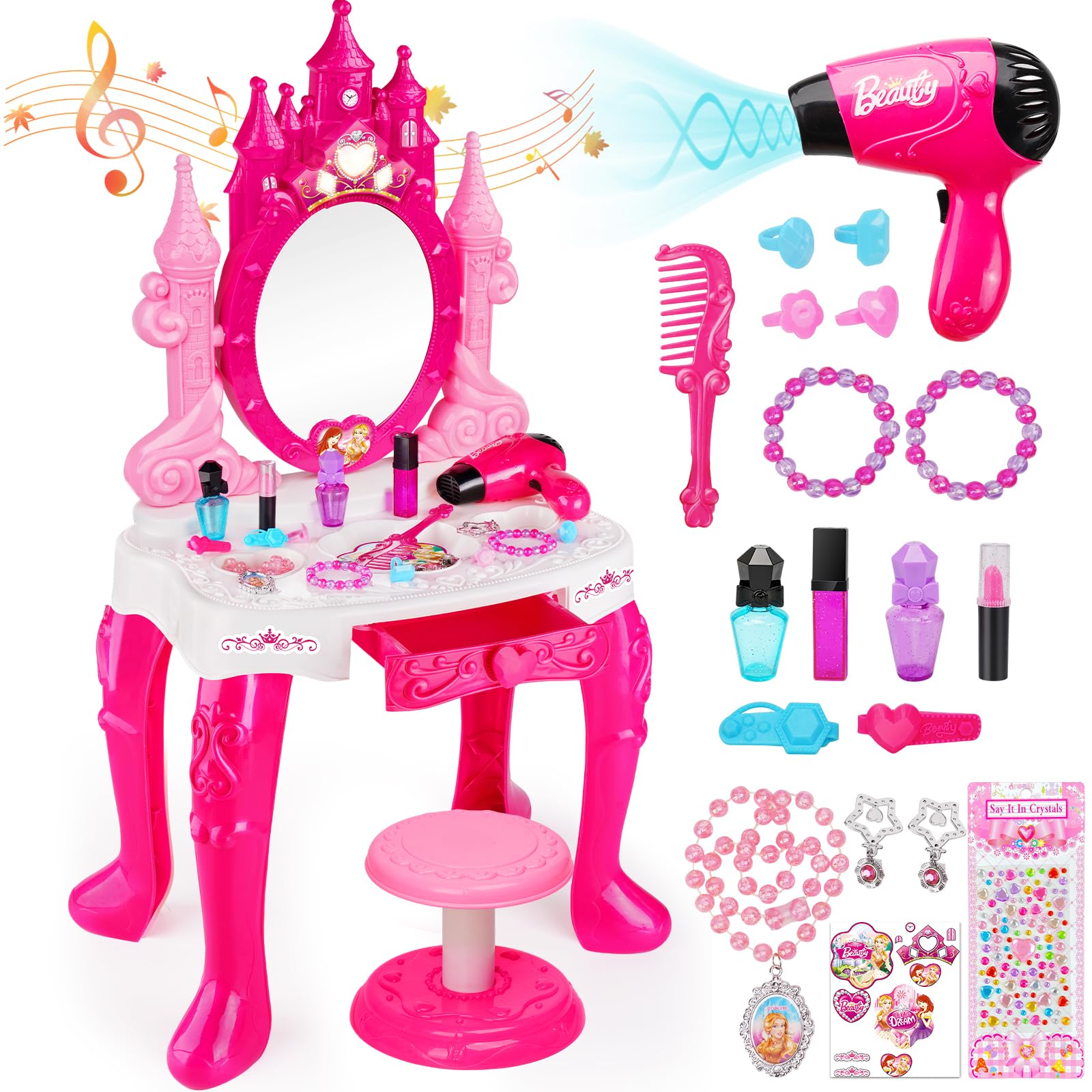 Easface Kids Vanity for Girls, Toddler Makeup Vanity Table and Chair Set Set Toy