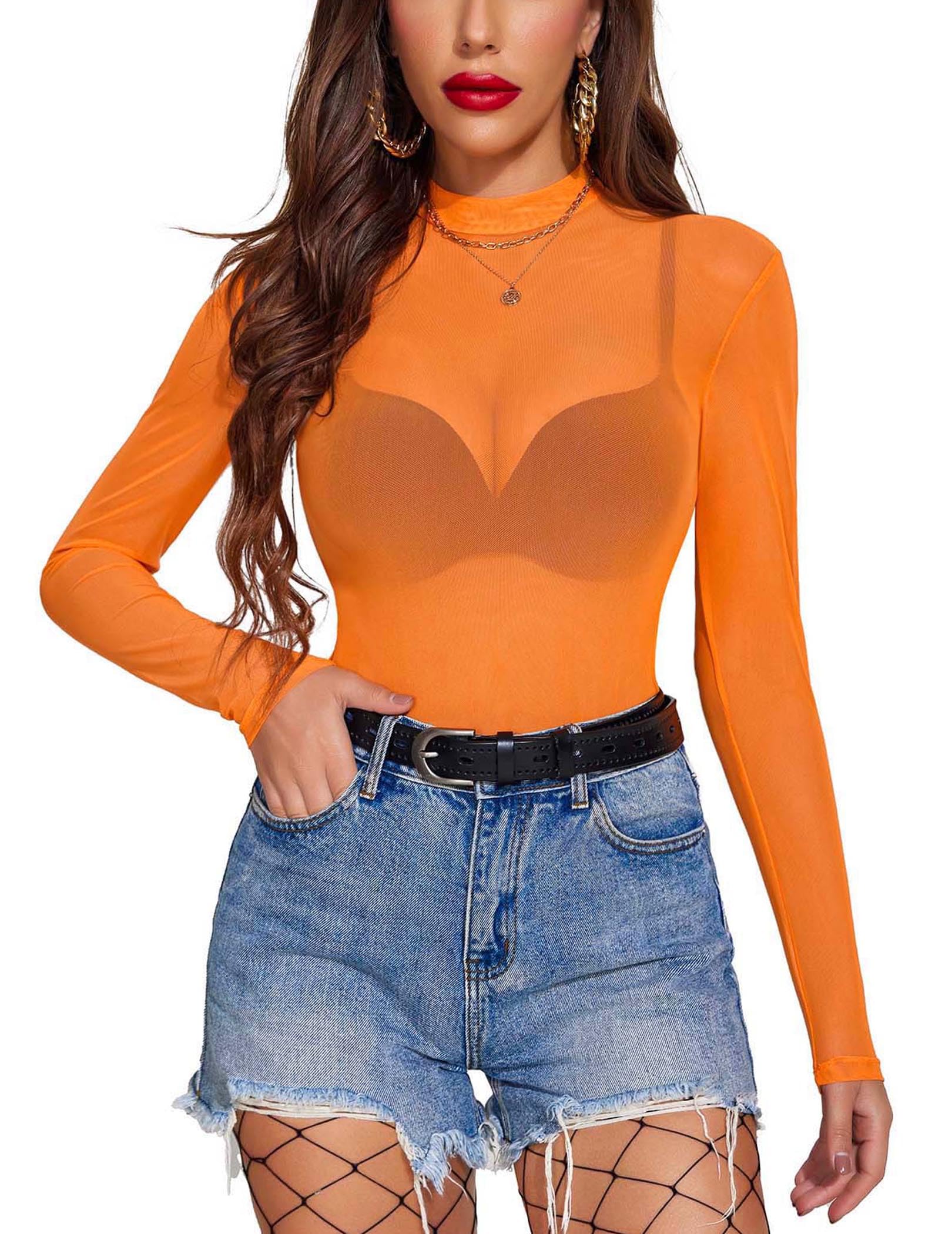 Avidlove Women Mesh Top Long Sleeve Sheer Turtleneck Sheer Blouse Tops Clubwear 