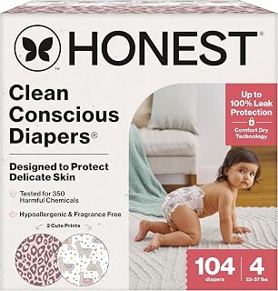 The Honest Company Daytime Diapers, All the Alpacas, Size 4, 104ct | Baby Diapers, Size 4 (22-37 Lbs), 104 Ct. Hypoallergenic, Up To 100% Leak Protection, Plant-Based, OEKO-TEX Certified.