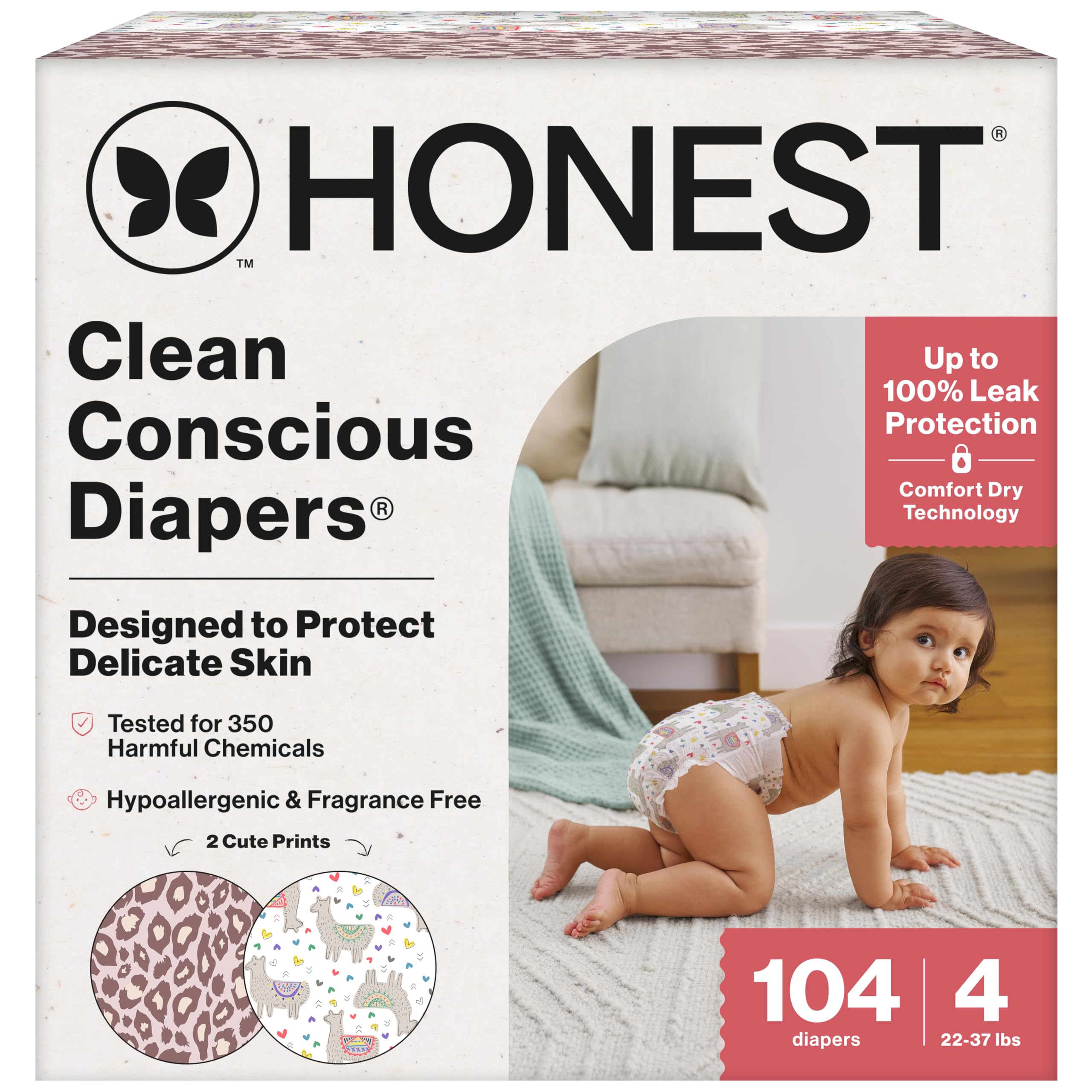 The Honest Company Daytime Diapers, All the Alpacas, Size 4, 104ct | Baby Diaper