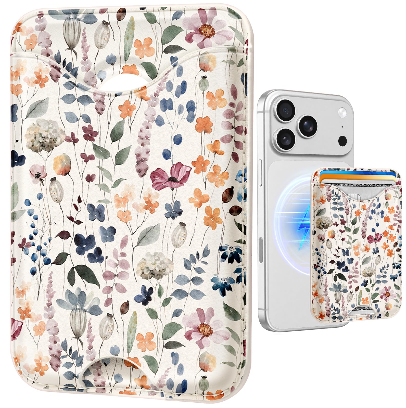 Shorogyt Compatible with Magsafe Wallet for Women, Watercolor Flower | Magnetic 