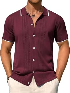 Alimens & Gentle Camicia da uomo in maglia a maniche corte con bottoni, camicia testurizzata casual estiva da spiaggia
