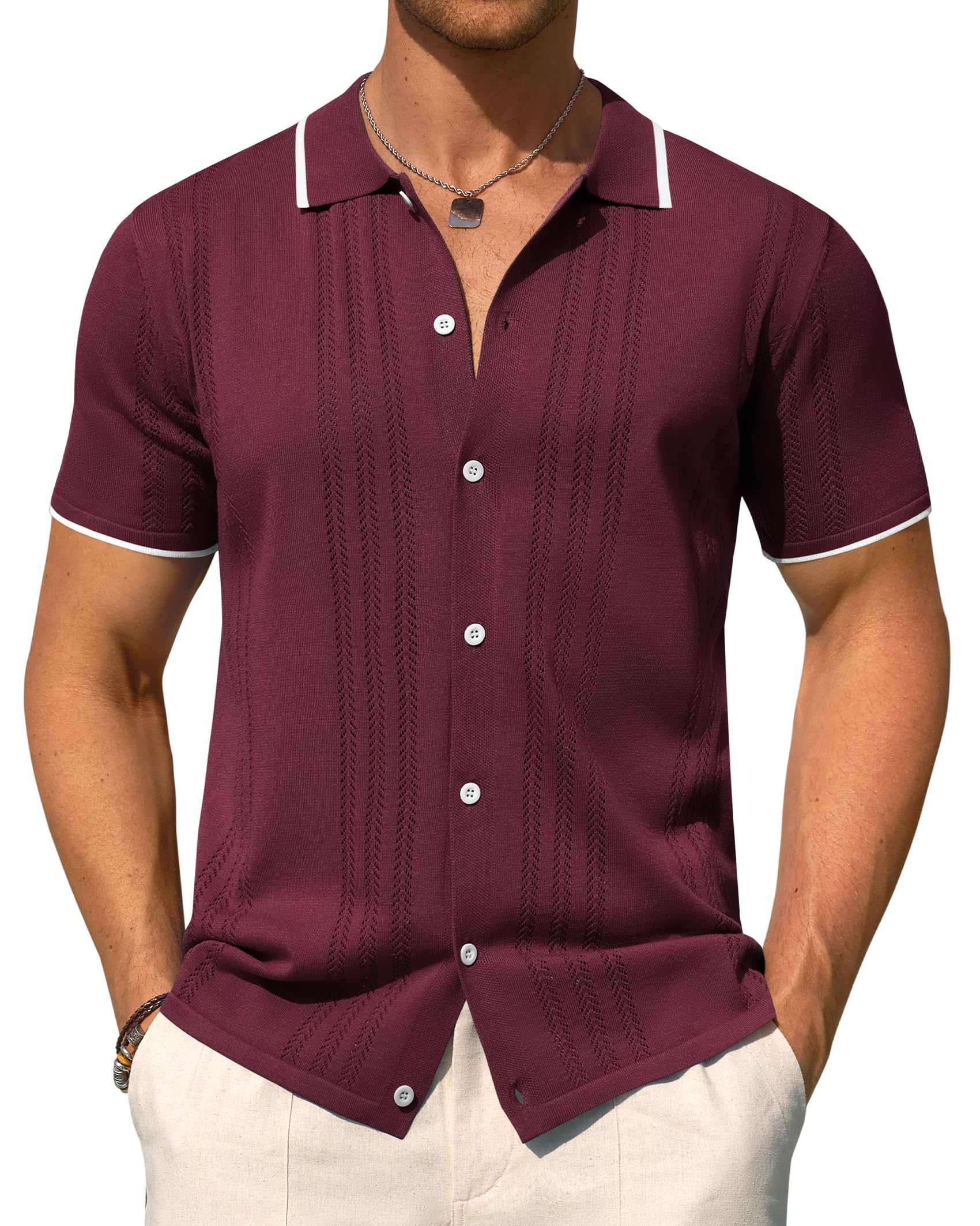 Alimens & Gentle Camicia da uomo in maglia a maniche corte con bottoni, camicia 