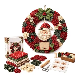 Fabric Poke Wreath DIY Kit, Christmas Craft Set for Wreath Making Decor | No-sew 3D fabric wreath kit. Just poke, insert & tuck to make a festive door wreath—relaxing Christmas craft.