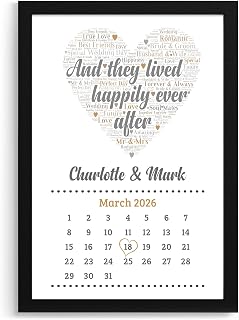 Beecreative Personalised Wedding Gifts for Bride & Groom - Custom Calendar Print with Names and Date of Wedding - Personalised 'And They Lived Happily Ever' Wedding Present Keepsake