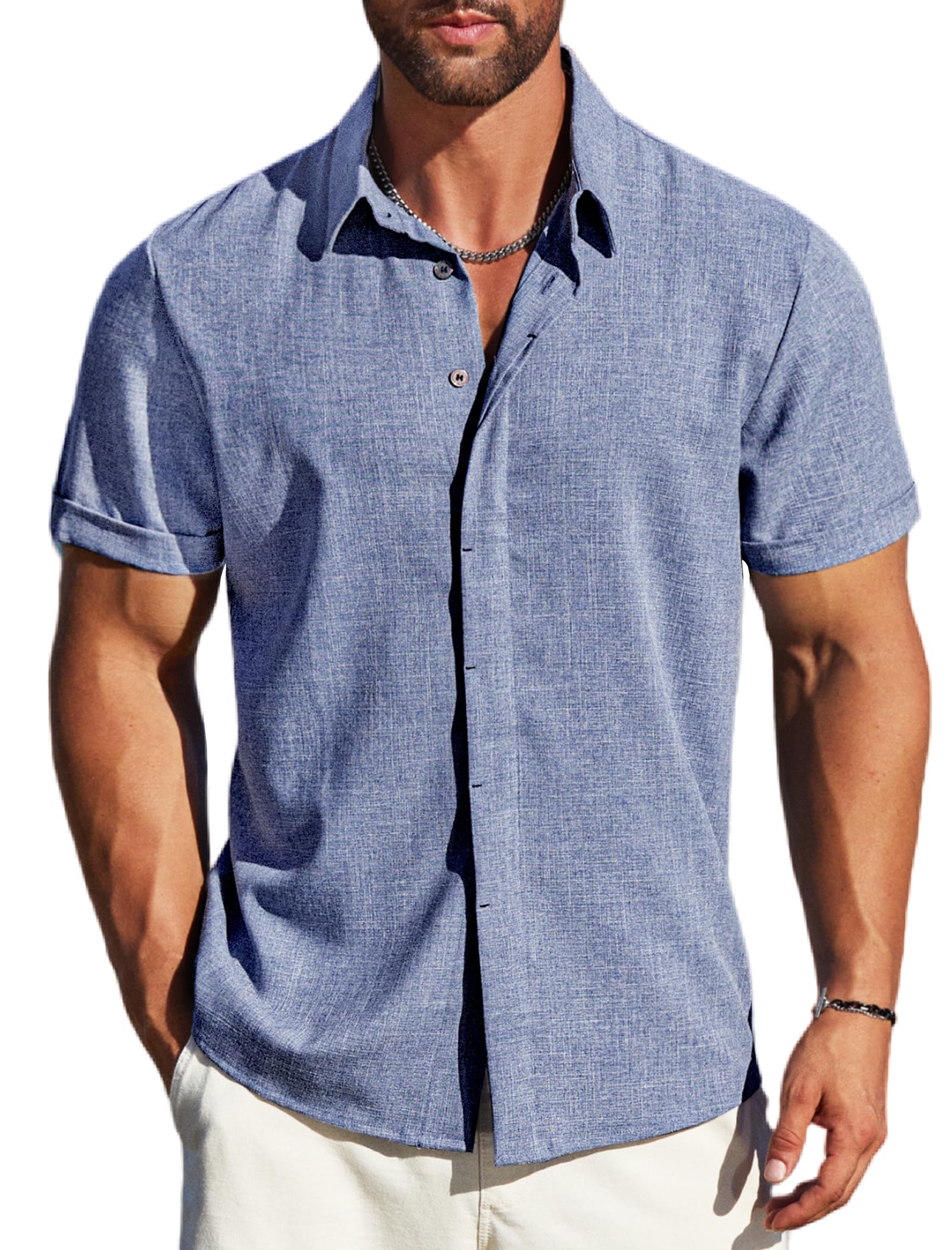 MAPICK Mens Linen Shirts Short Sleeve Button Down Shirt Casual Untucked Fit