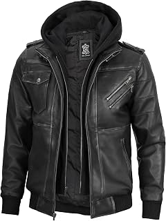 Decrum Detachable Hood Real Lambskin Leather Bomber Jacket Men