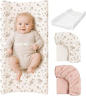 Konssy Baby Changing Pad Set with Waterproof Lining &amp; 2 Pack Muslin Covers | Soft Foam Support, Contoured Sides, Non-Slip Base &amp; Safety Belt, Diaper Changing Pad for Dresser, 32" x 16" (Blossom,Pink)