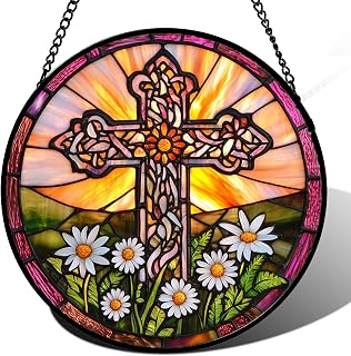 Cross Daisy Stained Glass Window Hanging Suncatcher Gifts for Mom 12"
