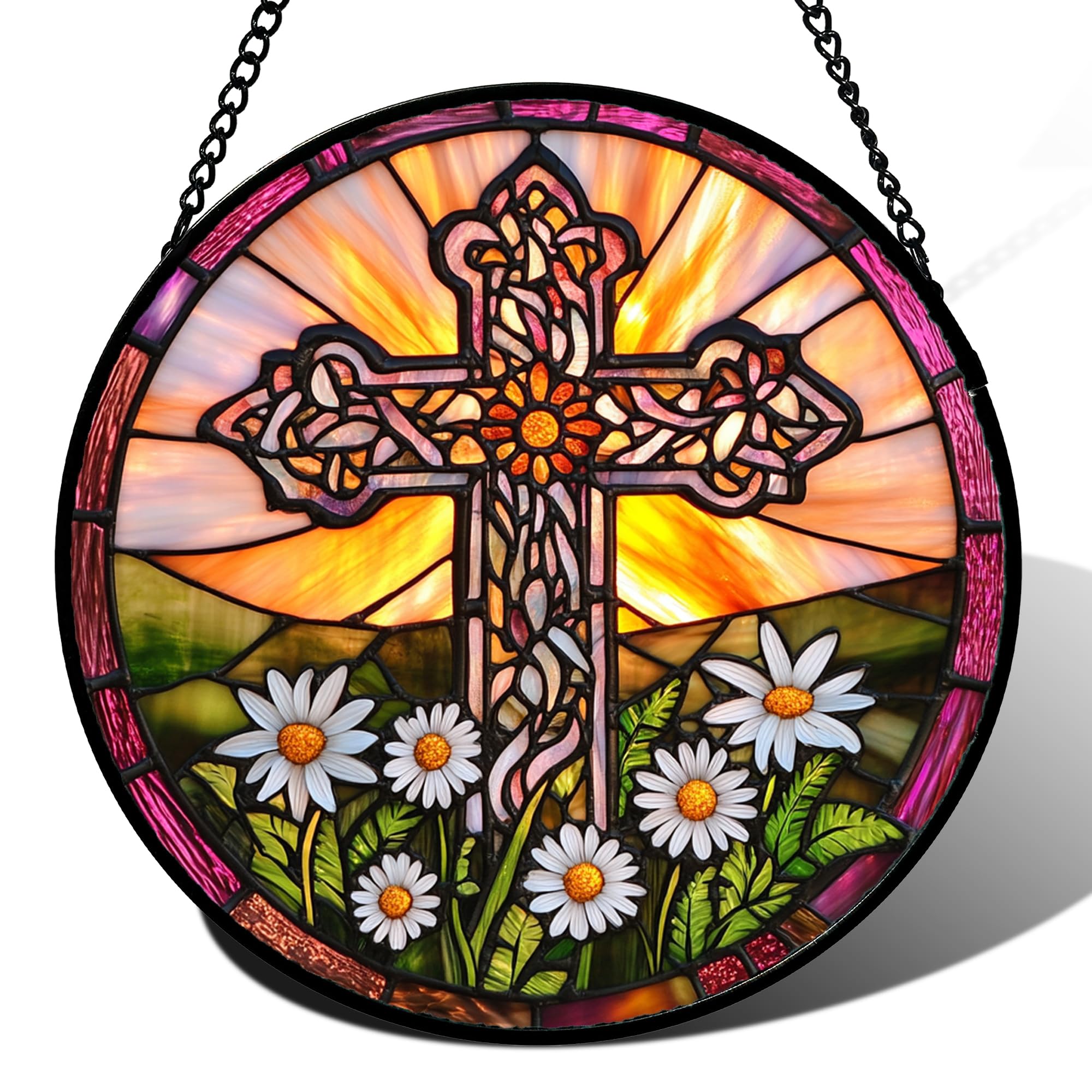 Cross Daisy Stained Glass Window Hanging Suncatcher Gifts for Mom 12"