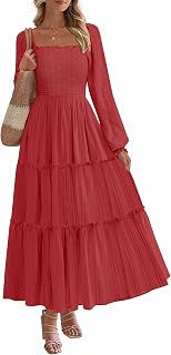 PRETTYGARDEN Maxi Dresses for Women 2026 Fall Boho Long Sleeve Smocked A Line Ruffle Holiday Party Long Dress with Pockets