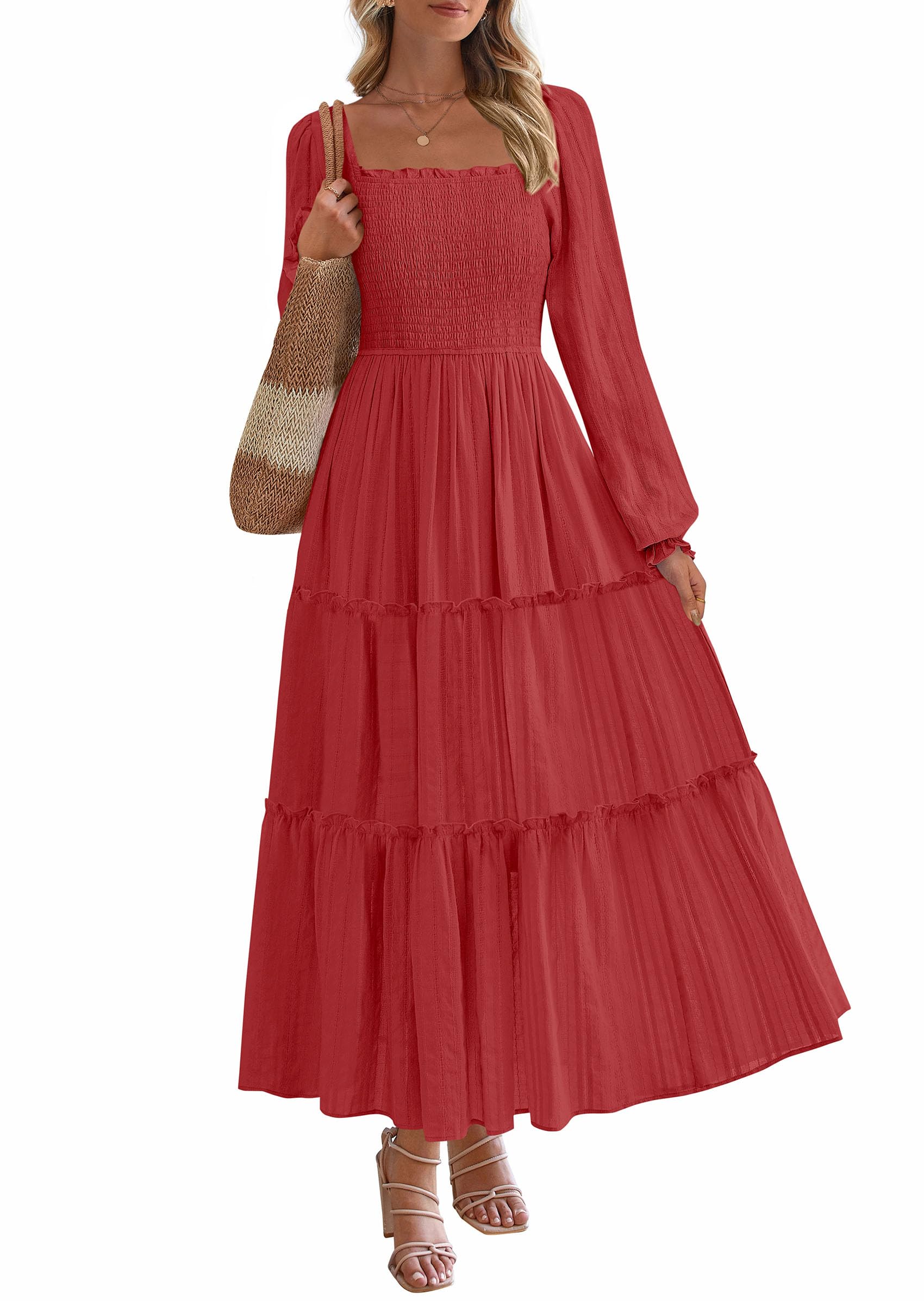 PRETTYGARDEN Maxi Dresses for Women 2026 Fall Boho Long Sleeve Smocked A Line Ru