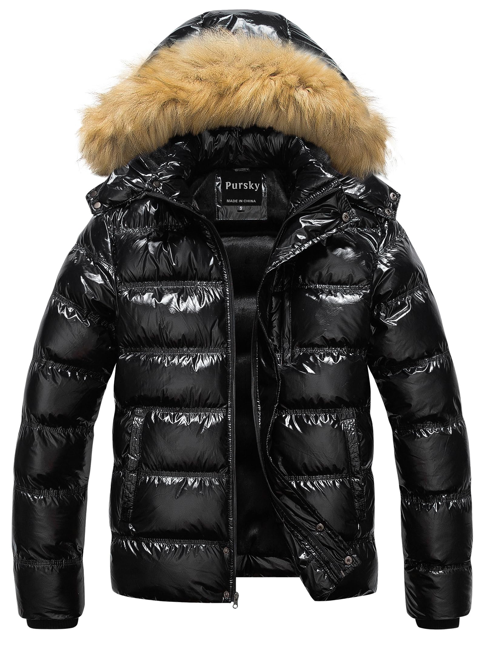 Pursky Men's Puffer Jacket Waterproof Winter Bubble Coats Ski Parka Fur Hooded