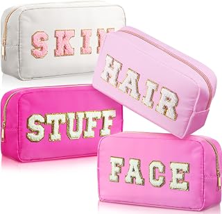 Remerry 4 Pcs Nylon Makeup Bags Waterproof Spacious Travel Cosmetic Bag for Women Chenille Letter Preppy Zipper Pouch Face Stuff Skin Hair Organizer Gift(Rose Red, Pink, Light Pink, White)