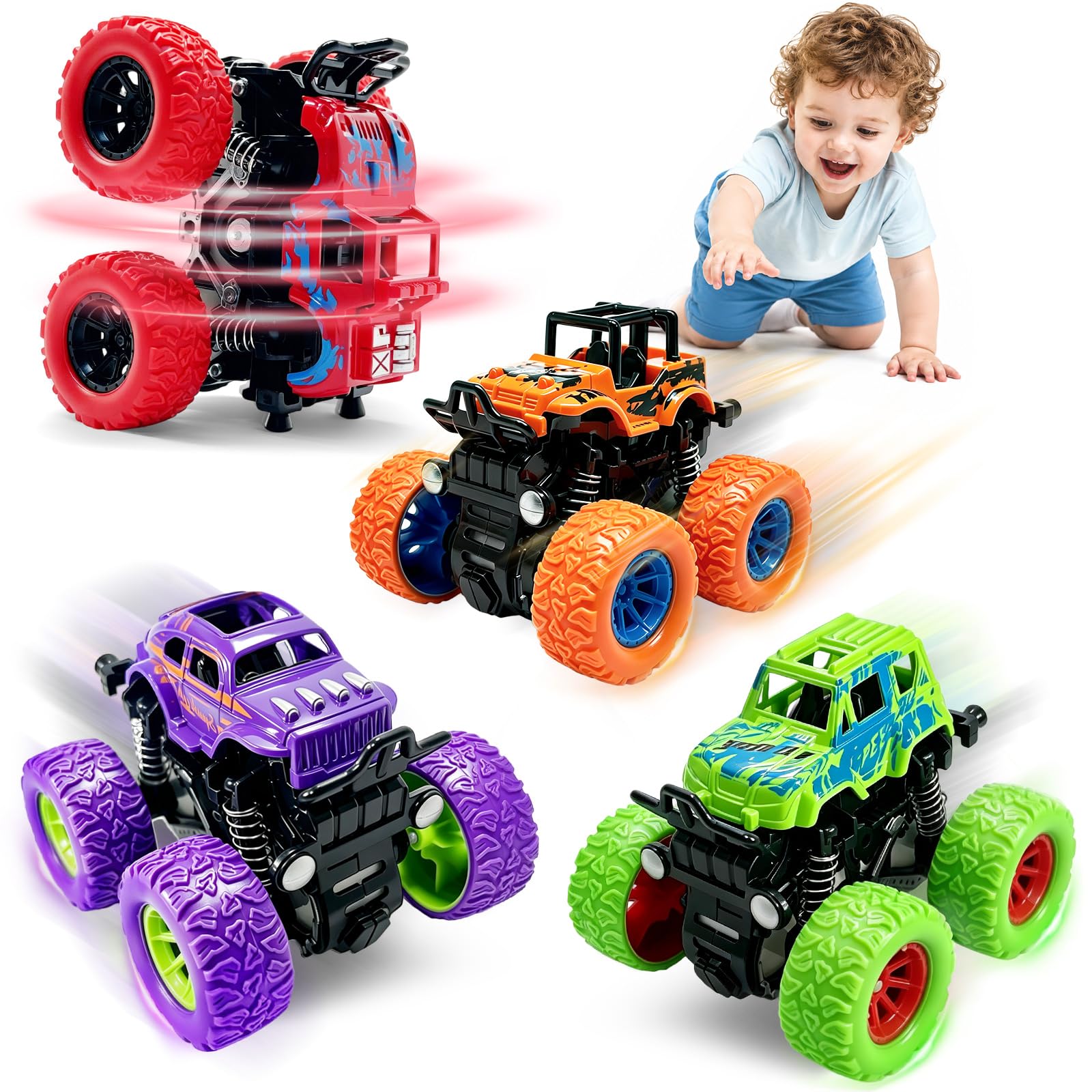 taessv Monster Truck Toys, 4 Pack Friction Powered Toy Cars Push and Go Truck To