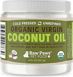 Raw Paws Virgin Organic Coconut Oil for Dogs & Cats (4-oz) - Skin & Coat | Dry Nose & Paw Balm - Itchy Skin Support - Hot Spot Care - Cat Hairball Support - Edible Pet Supplement