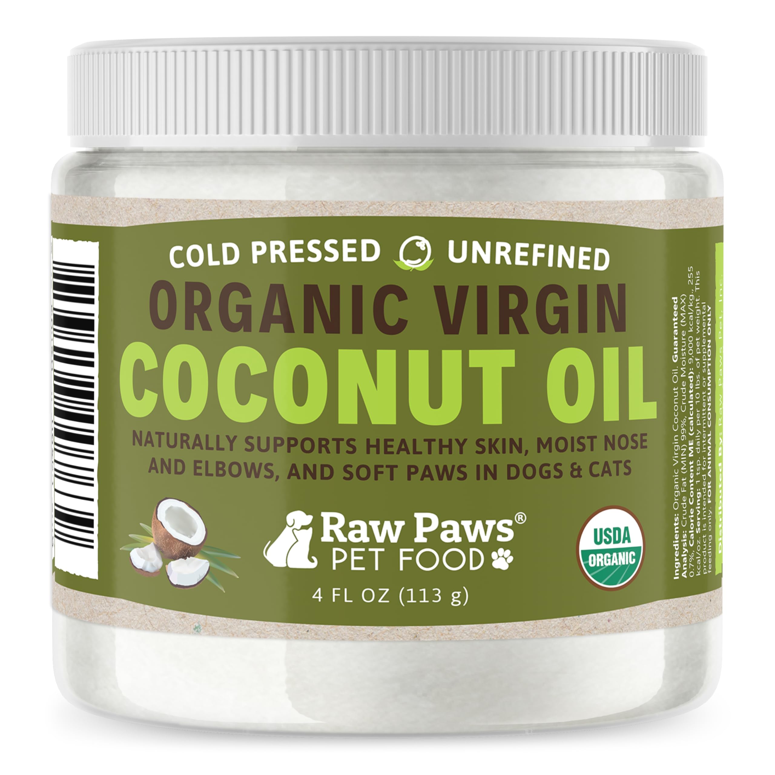 Raw Paws Virgin Organic Coconut Oil for Dogs & Cats (4-oz) - Skin & Coat | Dry N