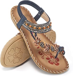 Ablanczoom Flat Sandals for Women Summer: Casual Boho Beaded Toe Ring Dress Shoes - Comfortable Vacation Daily Walking Shoes
