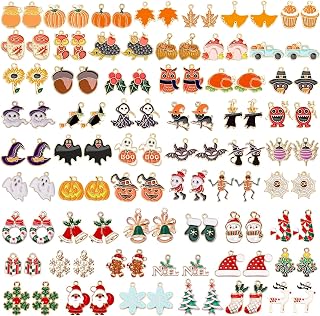 SANNIX 110Pcs/55 Pairs Holiday Charms, Fall Halloween Thanksgiving Christmas Charms for Jewelry Making Assorted Gold Enamel Charm for Bracelet Necklaces Earrings Craft Supplies