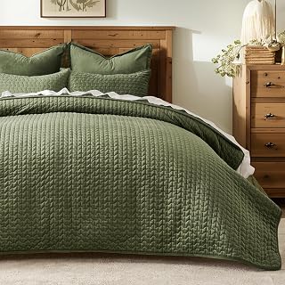 EverGrace Cross-Stitch Velvet Quilt Set, Queen Size, Loden Green