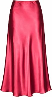 ALCEA ROSEA Women Silky Satin Midi Skirt High Waist Elastic A-Line Skirt for Wedding Party Work
