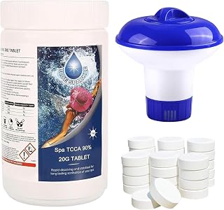 1 Kg Stabilised Chlorine Tablets 50 x 20g Slow Release with Dispenser | Floating Dispenser Included, Water Sanitising Tablets, Hot Tub Chemicals, for Hot Tubs, Swimming Pools and Spas