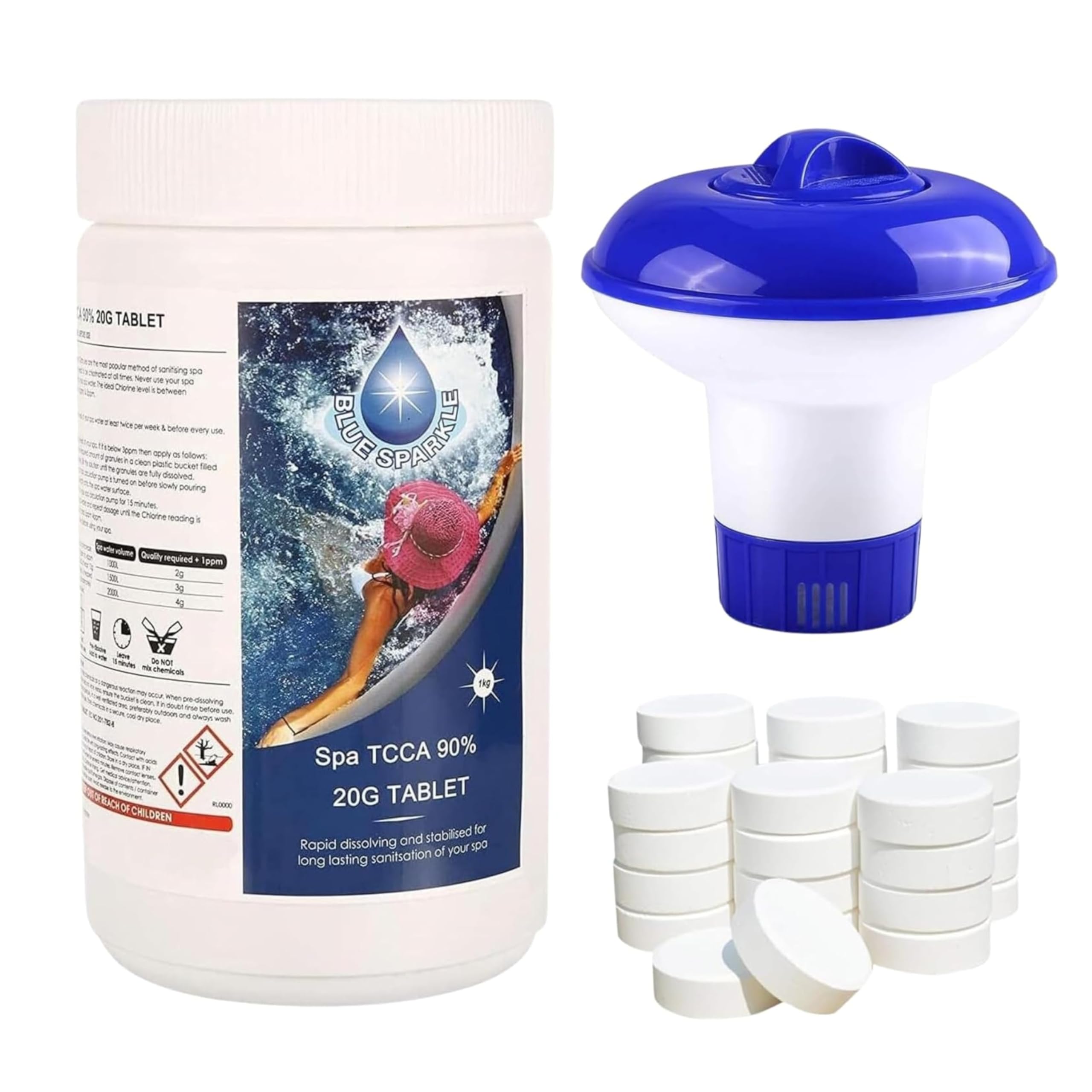 1 Kg Stabilised Chlorine Tablets 50 x 20g Slow Release with Dispenser | Floating