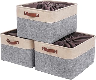 Mangata Fabric Storage Boxes, Thickened Canvas Storage Baskets with Handle for Shelves, Clothes Toys (XL, Grey/Beige, with Drawstring,3 Pcs)
