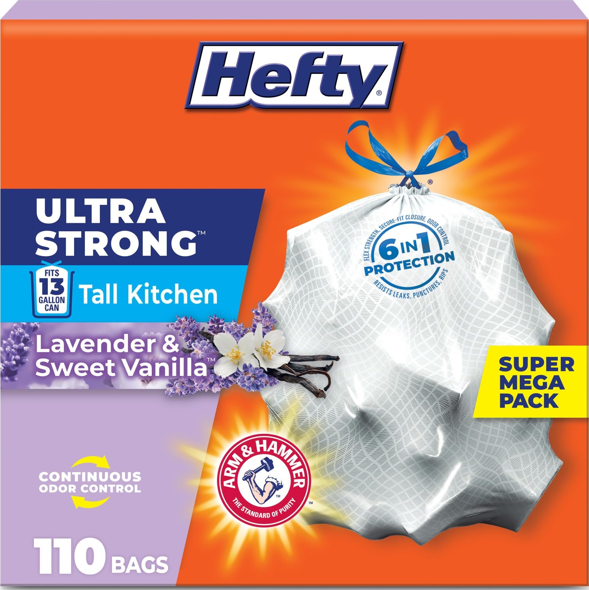 Hefty Ultra Strong 13 Gal Kitchen Trash Bags, Lavender Vanilla, 110ct | Bulk Pac
