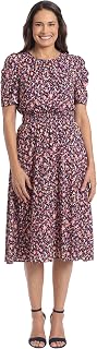 London Times Women's Caterpillar Puff Sleeve Midi Dress - Gathered Waist A-Line Flowy Summer Dress