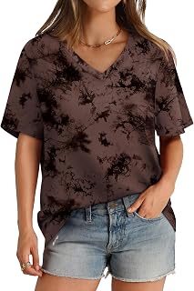 Aokosor Womens V Neck Short Sleeve T Shirts Summer Tops 2026 Casual Loose Tees Trending Now S-4XL