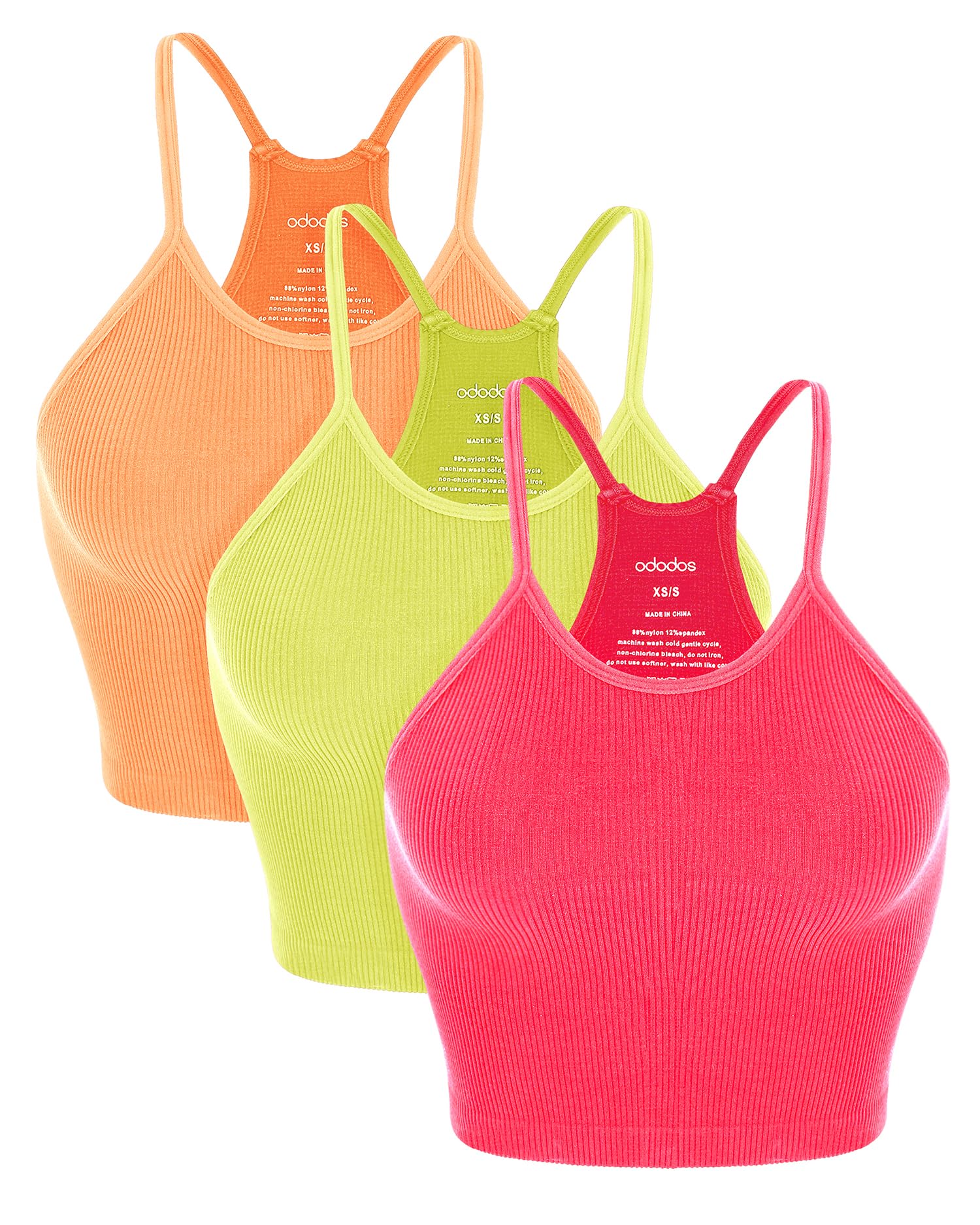 ODODOS Women's Crop 3-Pack Seamless Rib-Knit Camisole Crop Tank Tops