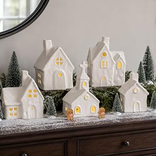 GLEEMORIA Christmas Decorations Indoor - 15 Pieces Christmas Village Sets | Includes 5 Lighted Ceramic Houses and Christmas Village Decorations, creating a charming scene for mantels and tabletops