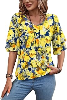 Women Ruffle Sleeve Blouses V Neck Double Tiered Bell Sleeve Spring Autumn Summer Fashion Cute Tunic Tops