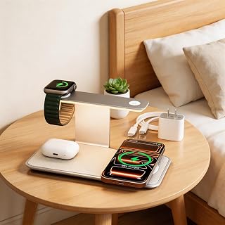 3 in 1 Wireless Charging Station for iPhone 18/17/16/15/14/13, Apple Watch and AirPods, Premium Leather-Look Charging Base with 3-Level Night Light, White