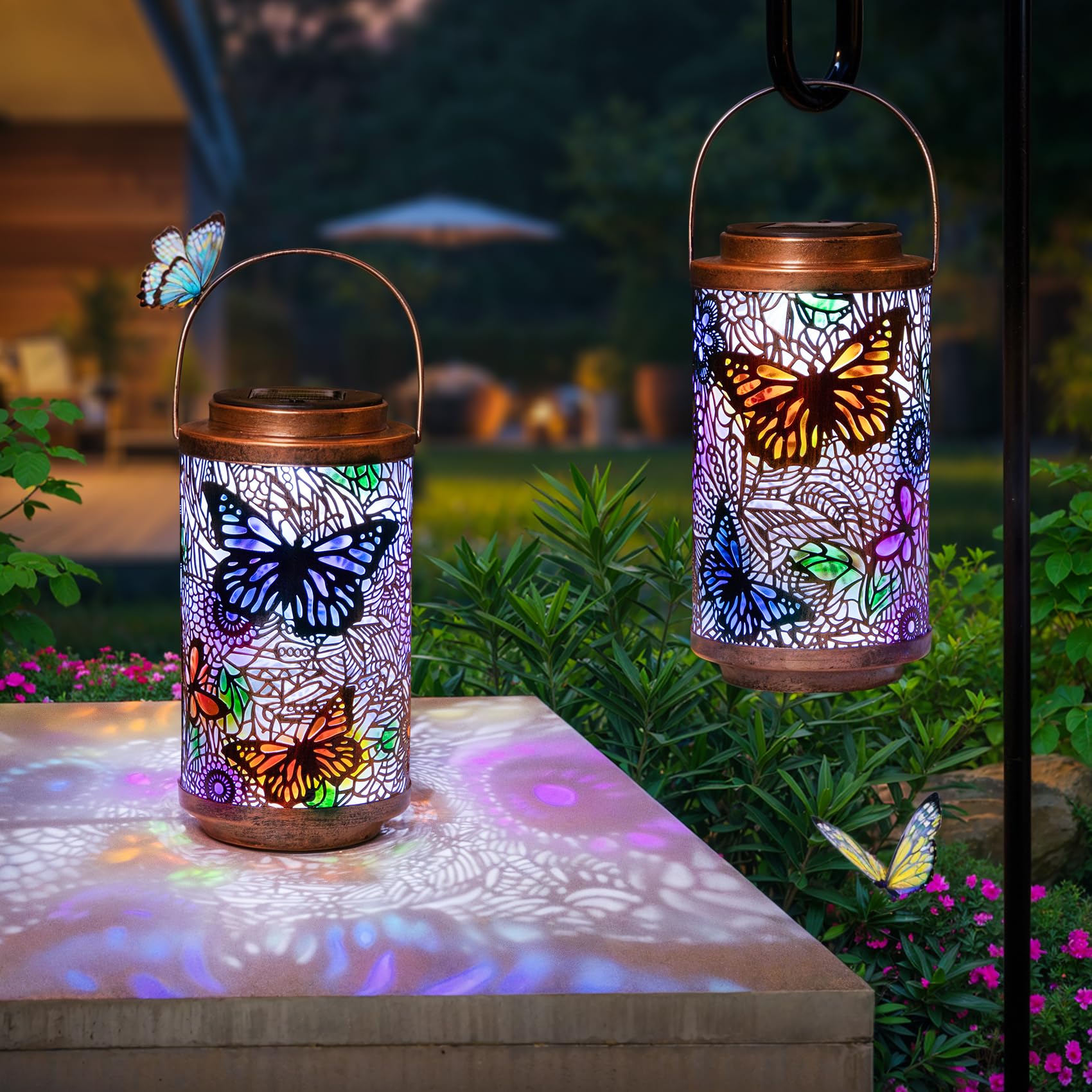 Pack of 2 Colorful Waterproof Solar Lanterns Butterfly Garden Gift for Women Sol